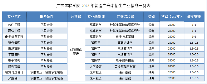广东东软学院2023专插本招生专业